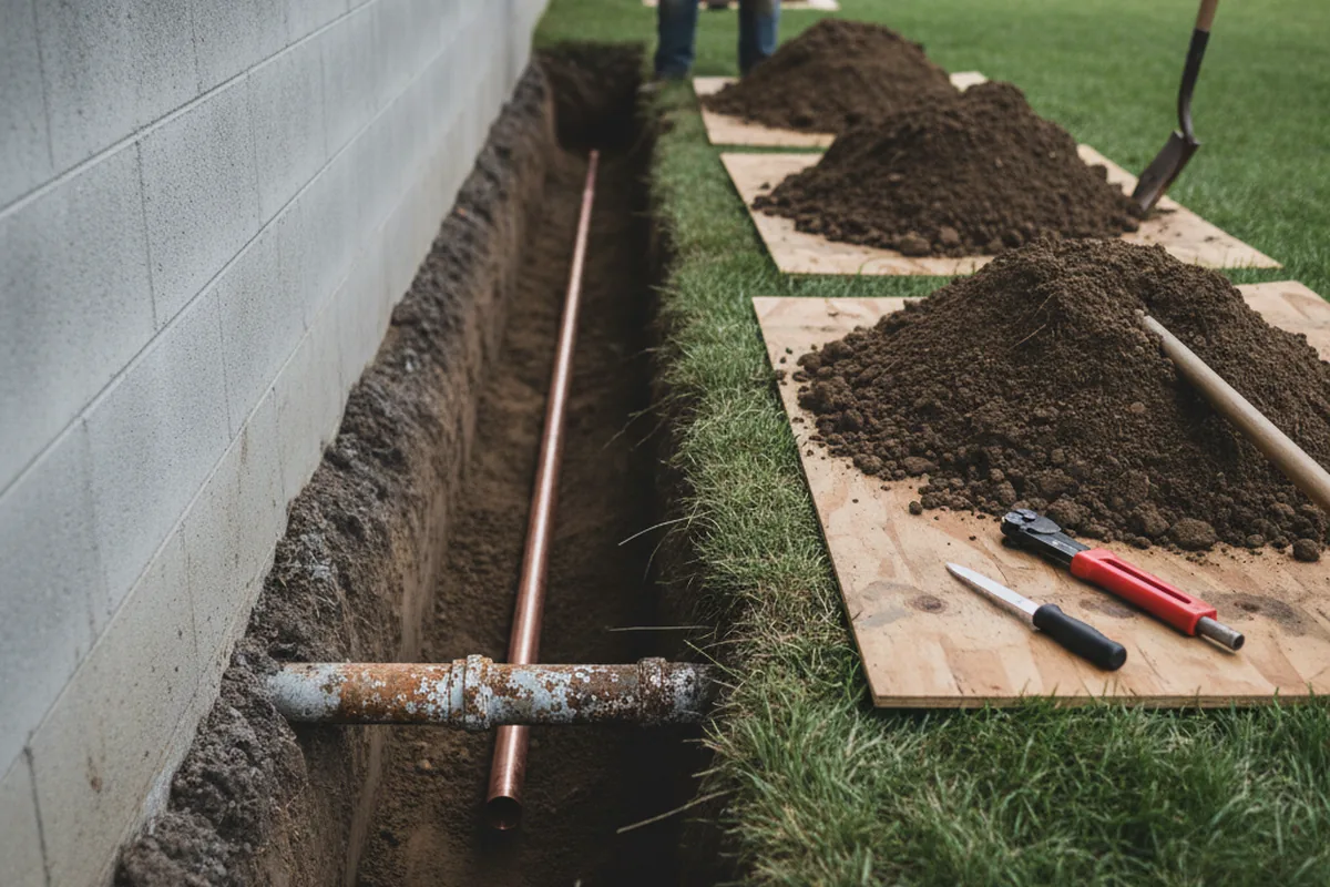 Excavated water line trench during Water Softener Installation in Kidder